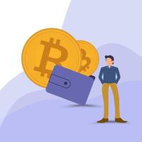 concepto criptográfico de bitcoin dorado de criptomonedas, un hombre de pie con banner de bitcoin y altcoins, monedas digitales basadas en tecnología blockchain. vector, ilustración vector