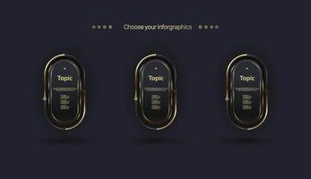 Three lLuxury Vector STEPs Infographic design in FIVE objects with golden Premium shapes Level on dark background template used for Infograph, step or processes design