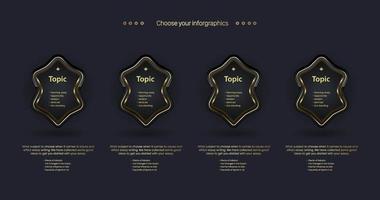 un banner de opciones doradas con los mejores botones oscuros de lujo con un gráfico de elementos vectoriales de formas modernas y dorado, utilizado para diseño de flujo de trabajo, infografía, publicidad, vector e ilustración