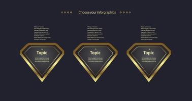 Diamond shapes objects in flowchart design with premium golden buttons style on dark background templates, used in charts of finance or business elements Luxury options vector