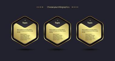 Modern Luxury style of infographics design. Golden banners with three options in Geometrical shapes templates. Vector illustration and can be used for workflow layout, diagram, number options, graphic