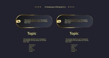 diseño de gráfico de dos opciones doradas con 2 iconos en plantillas de concepto de números. y 2 botones de lujo diseño infográfico geométrico, utilizados en presentaciones, negocios y diseño de vectores de banners financieros