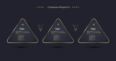 diseño infográfico de ilustración vectorial de lujo y plantilla para presentación y gráfico con bg oscuro y tres opciones o pasos vector premium