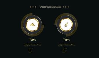 dos lujosas plantillas de diseño infográfico dorado multipropósito con tres opciones y una versión dorada premium sobre un fondo oscuro con dos vectores de círculo dorado