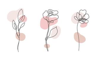 Vector set of hand drawn, single continuous line flowers - roses , leaves sketch. Art floral elements. Use for t-shirt prints, logos, cosmetics