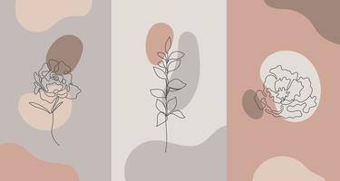 Vector minimalist style plants flowers. Line flower, nude colors. Hand drawn abstract print. Use for social media wallpapers, beauty logos, poster illustration,