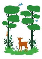 International Day of Forests Concept. Green plants, deer and birds silhouettes vector illustration. Print for eco bag, postcard, poster, leaflet