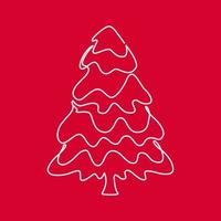 Fir Tree with Snow Outline Vector Illustration. Line art on a red background. Christmas decorative element for web, cards, posters