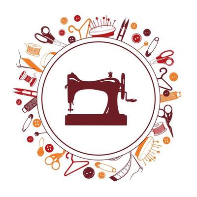 Sewing Machine and Tools, Hand Drawn Elements. Tailoring accessories - threads, scissors, needles, pins, buttons. Vector round frame for seamstress, atelier, fashion design
