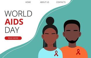 Man and woman with red ribbon, solidarity with HIV-positive and living with AIDS people. Awareness campaign. World Aids Day landing page horizontal template, poster vector