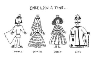 Princess, prince, queen and king doodle set. Royal family from fairy tale. Children's drawing. Isolated vector illustration