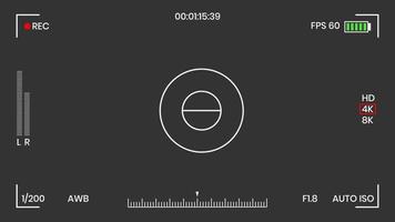 Ilustración de vector de diseño de estilo plano de grabadora de marco de foto o video de visor de cámara. visor de cámara digital con ajustes de exposición y plantilla de cuadrícula de enfoque.