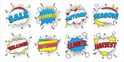 8 Lettering Autumn In The Speech Bubbles Comic Style Flat Design. Dynamic Pop Art Vector Illustration Isolated On White Background. Exclamation Concept Of Comic Book Style Pop Art Voice Phrase.