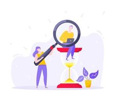 Time managemet business concept metaphor. Tiny persons with megaphone and magnifying glass. vector