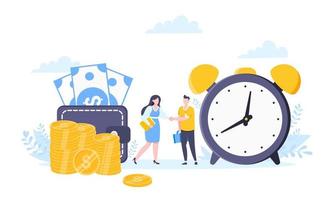 el tiempo es dinero o concepto de negocio de ahorro de dinero. gente diminuta dándose la mano entre el dinero y los símbolos del reloj. vector