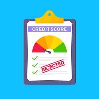 Rejected credit score gauge speedometer indicator with color levels on clipboard. Measurement from poor to excellent rating for credit or mortgage loans flat style vector illustration.