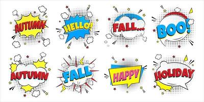 8 Lettering Autumn In The Speech Bubbles Comic Style Flat Design. Dynamic Pop Art Vector Illustration Isolated On White Background. Exclamation Concept Of Comic Book Style Pop Art Voice Phrase.