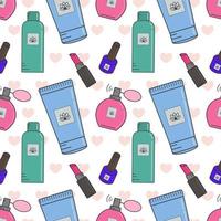 Vector seamless pattern of cosmetics.Creams, lipstick, nail polish, face masks. Cosmetics store, beauty salon, postcard design, wrapping paper and packaging prints. A banner with cosmetics.