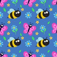 Seamless pattern with butterfly, bee and flowers. Repeating vector pattern with insects. An idea for holiday invitations,children's creativity, for paper, fabric, textiles, gift wrapping, advertising.