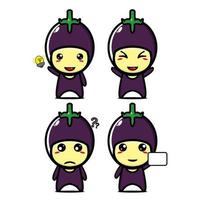 Set collection of cute eggplant mascot design character. Isolated on a white background. Cute character mascot logo idea bundle concept vector