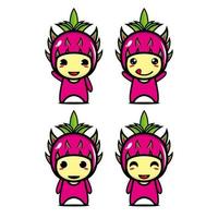 Set collection of cute dragon fruit mascot design character. Isolated on a white background. Cute character mascot logo idea bundle concept vector