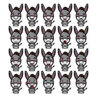 Set collection of cute donkey mascot design character. Isolated on a white background. Cute character mascot logo idea bundle concept vector