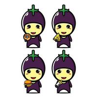 Set collection of cute eggplant mascot design character. Isolated on a white background. Cute character mascot logo idea bundle concept vector