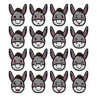 Set collection of cute head donkey mascot design character. Isolated on a white background. Cute character mascot logo idea bundle concept vector