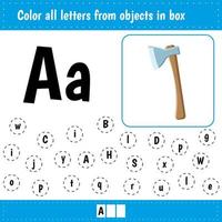 Educational worksheet for school and kindergarten. Axe vector