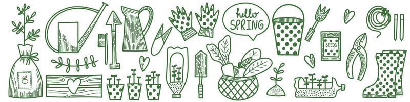 Vector set of elements. Spring summer gardening collection in doodle hand drawn style. Equipment for Growing plants watering can, boots, seeds, gloves, vegetables, sedlings. Nature, garden