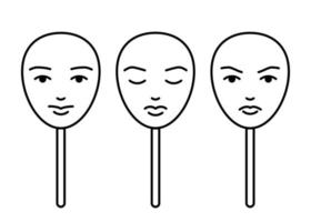 Face masks expressing emotions, fake mood, line art. Change personality to conform to social requirements and pressure. Control emotion, play role. Vector illustration