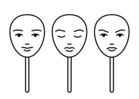 Face masks expressing emotions, fake mood, line art. Change personality to conform to social requirements and pressure. Control emotion, play role. Vector illustration