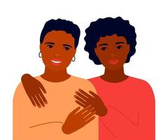 Family happy black mother and adult teenage black daughter are hugging. Mothers day concept. Adult sisters. Family understanding, love, consent, support. Vector illustration