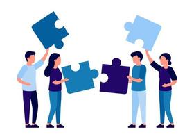 People team assembling parts jigsaw puzzle. Work and business partnership man and woman concept. Team metaphor. Symbol of teamwork, cooperation, partnership, team building. Vector illustration