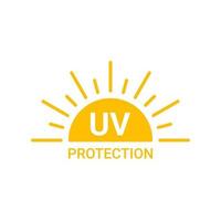 Yellow sun with inscription uv protection icon, sunblock from sunshine and solar burn. Circle full sun and sunlight. Hot solar energy for tan. Vector sign