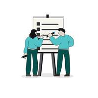 A Vector illustration of a presentation in front of a whiteboard. 2 people doing explanations to clients about their products.