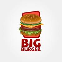 Big Burger Vector Logo Template. Vector illustration of burger shop icon logo design. Burger menu for American fast food cafe.