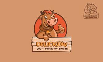 Delicicow Logo Cartoon Character. This image is a cow cartoon character logo template with thumb up, this image good for symbolize something that fun, happy feel, or enjoying. vector