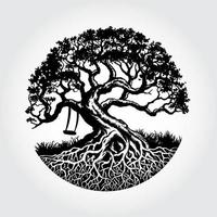 raíz de la ilustración del vector del árbol con el columpio debajo del árbol, este logotipo simboliza una protección, paz, tranquilidad, crecimiento y cuidado.