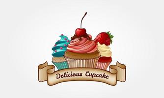 delicioso cupcake vector logo ilustración. plantilla de logotipo de panadería de magdalenas. plantillas de logotipo que se pueden utilizar para la tienda de cupcakes, la pastelería o cualquier otro negocio relacionado.