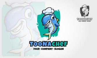 ilustración del logotipo del vector toonachef. ilustración de un chef de pescado al estilo de las caricaturas. personajes de dibujos animados de peces felices.
