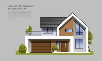 Modern House Vector Illustration. Cozy family residence, house with garage, balcony and trees.