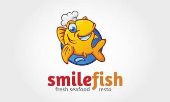 sonríe pescado vector logo ilustración. vector divertido pez dorado con sombrero de chef. personaje de dibujos animados del logotipo.