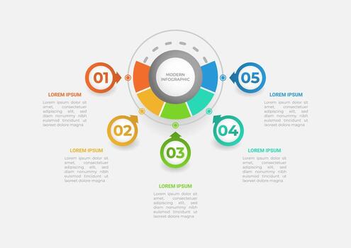 Modern infographics template. Presentation business infographic with 5 options. Vector design for brochure, diagram, schedule, workflow, web design, annual report.