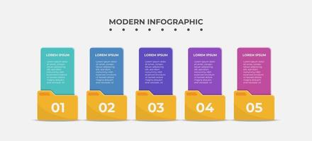 Creative presentation label design for infographics. Vertical option banner with folder in 5 steps. Graphic resource elements suitable for workflow, graph, layouts, brochure, business report. vector