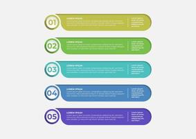 Creative presentation label design for infographics in 5 steps. Horizontal option banner. Graphic resource elements suitable for workflow, annual report, graph, layouts, brochure, business report. vector