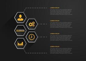 opciones hexagonales de moda. diseño de presentación de negocios creativos para infografías en 4 segmentos. infografía de negocios. elegante diseño de presentación en negro y amarillo. elementos geniales de recursos gráficos vector