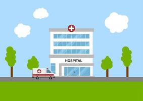 ilustración del concepto médico con edificio de hospital y ambulancia en estilo plano. adecuado para recursos infográficos. vector