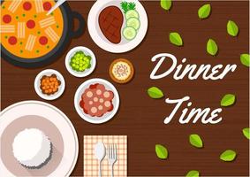 flat dinner time top view, suitable for banner, flyer, restaurant or cafe menu list, and more. flat design background. vector