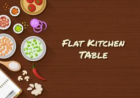 flat design of kitchen table top view. wooden kitchen table suitable for banner, flyer, restaurant or cafe menu list, and more. flat design background. vector